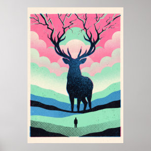 Poster Cerf au clair de lune et figure solitaire Art Rétr
