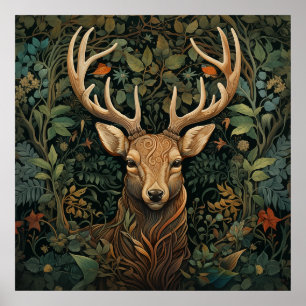 Poster Cerf avec bois dans la forêt magique
