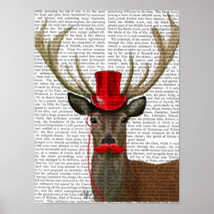 Poster Cerf avec chapeau rouge et moustache