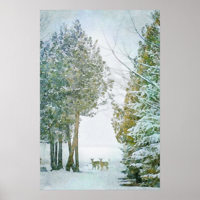 Poster Cerf blanc en hiver Aquarelle de la faune de neige (Devant)