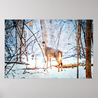 Poster Cerf blanc en peinture d'aquarelle de neige