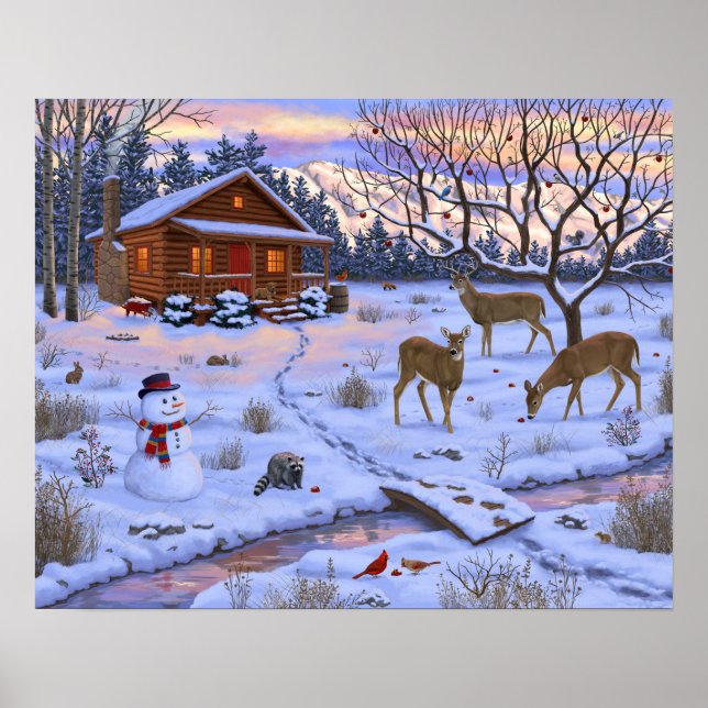 Poster Cerf Cabine D'Hiver Dans La Scène De Noël De Neige (Devant)