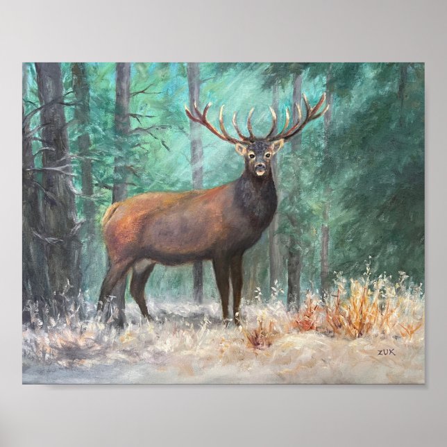 Poster Cerf dans la peinture à l'huile de bois. Scène de  (Devant)