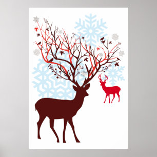 Poster Cerf de Noël avec des rameurs d'arbres