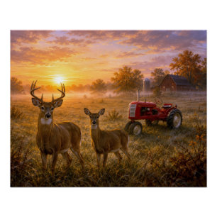 Poster Cerf de Virginie et vieux tracteur rouge vintage