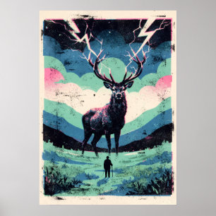 Poster Cerf éclair et silhouette isolée Art Rétro