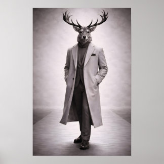 Poster Cerf Élégant en Manteau Sur Mesure Portrait