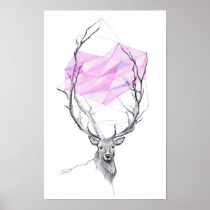 Poster Cerf et dessin de cœur géométrique rose Art animal