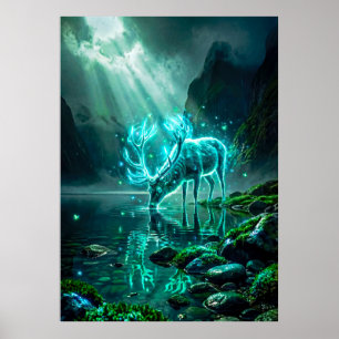 Poster Cerf Fantastique Éthéré au Néon Cyan Luminescent