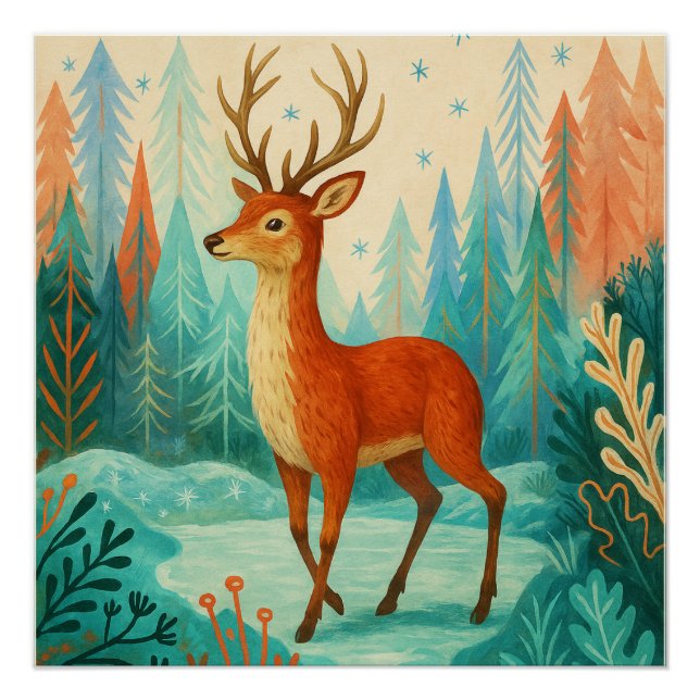 Poster Cerf forestier enchanté - Bois d'hiver capricieux (Devant)