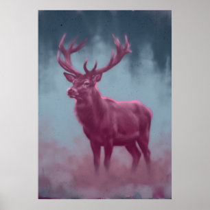 Poster Cerf magenta dans la forêt bleue, art pictural
