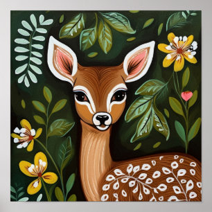 Poster Cerf mignon avec Feuilles et fleurs