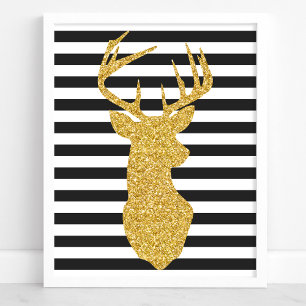 Poster Cerf Pailleté Or Rayures Noires et Blanches