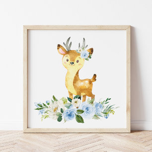 Poster Cerfs, Animaux De Bois, Boho, Fleurs Bleues