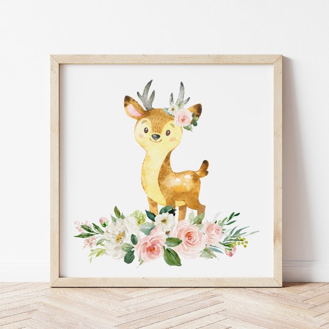 Poster Cerfs, Animaux De Bois, Boho, Fleurs Roses (Créateur téléchargé)