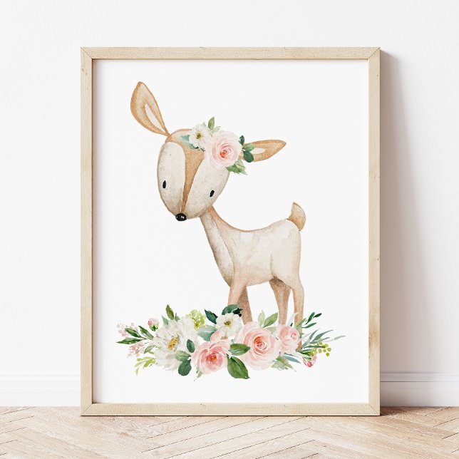 Poster Cerfs, Animaux De Bois, Boho, Fleurs Roses (Créateur téléchargé)