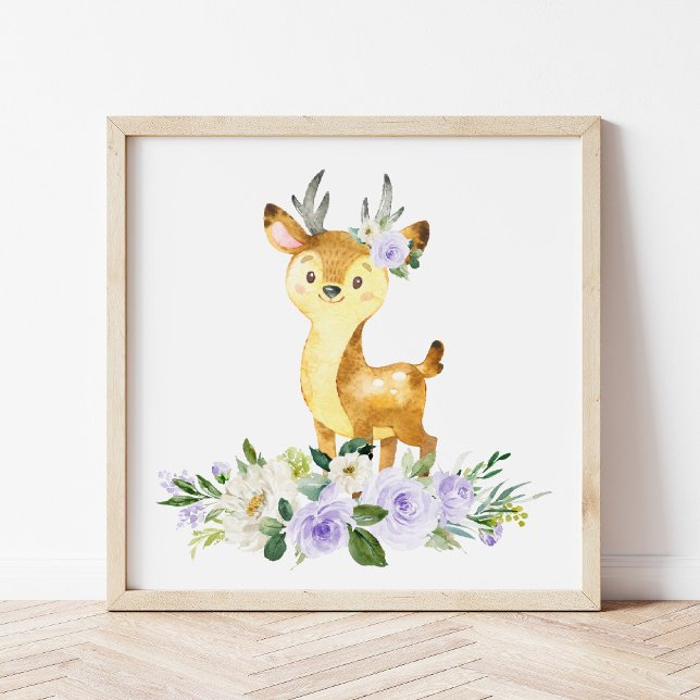 Poster Cerfs, Animaux De Bois, Boho, Fleurs Violettes (Créateur téléchargé)