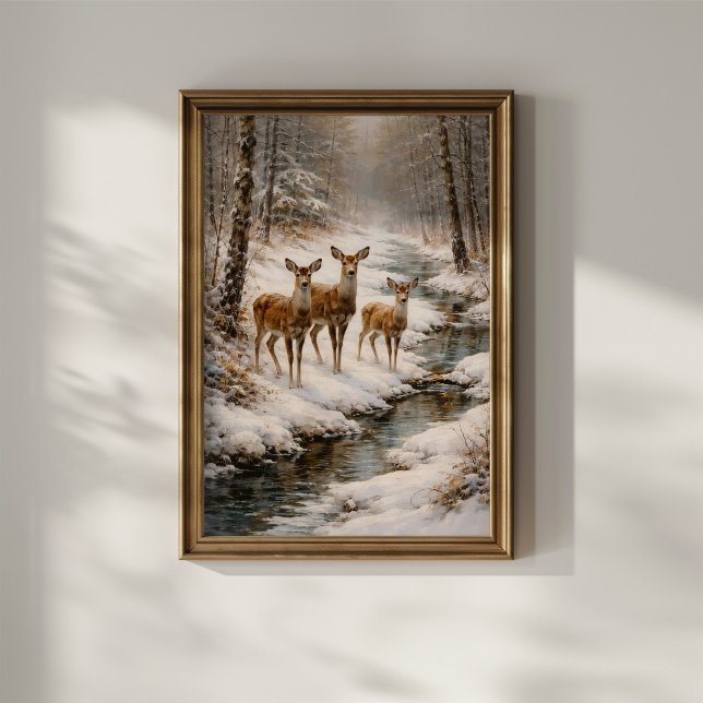 Poster Cerfs d'hiver au ruisseau de la forêt (Créateur téléchargé)