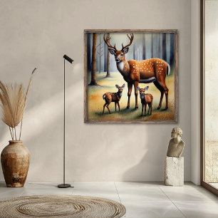 Poster Cerfs Et Faons Dans La Forêt Animaux Sauvages