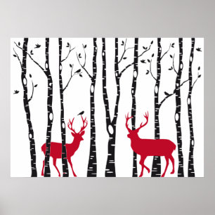 Poster Cerfs rouges dans la forêt de bouleaux