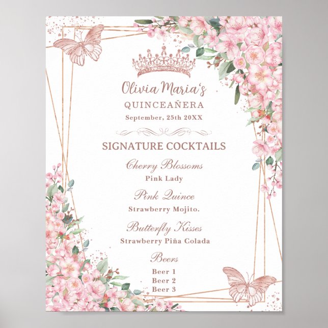 Poster Cerise Blossoms Rose Gold Butterflies Boire Menu (Devant)