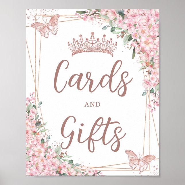 Poster Cerise Blossoms Rose Gold Papillons Cartes Cadeaux (Devant)