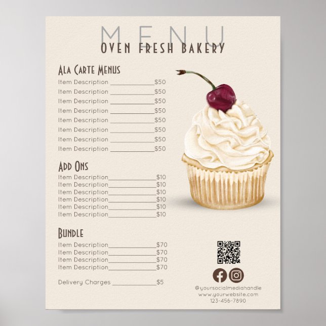 Poster Cerise Cupcake Beige Menu Boulangerie Tarifs (Devant)