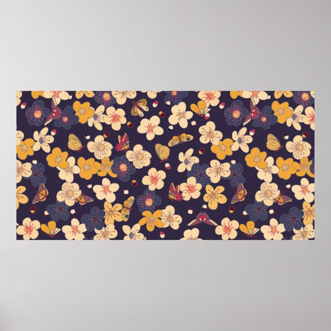 Poster cerise en fleurs et papillons motif sans soudure. (Devant)