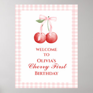 Poster Cerise Premier Anniversaire Rose Ruban Fraise 1 an