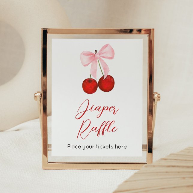 Poster Cerise sur le Baby shower supérieur Raffin de couc (Cherry on Top Pink Bow Baby Shower Diaper Raffle Sign)