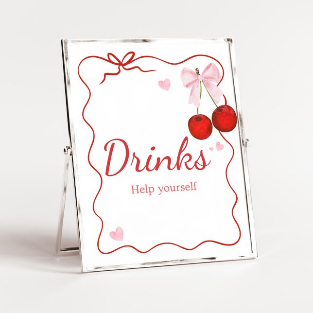 Poster Cerise sur le dessus Bow Baby shower rose Bow Bois (Cherry on Top Baby Shower Drinks Sign)