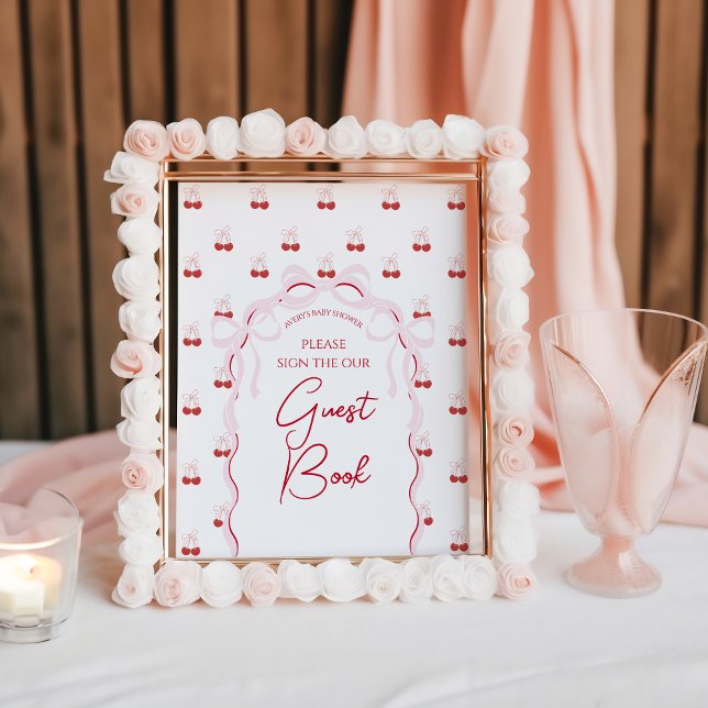 Poster Cerise sur le dessus Pink Bow Red Baby Girl Douche (Créateur téléchargé)