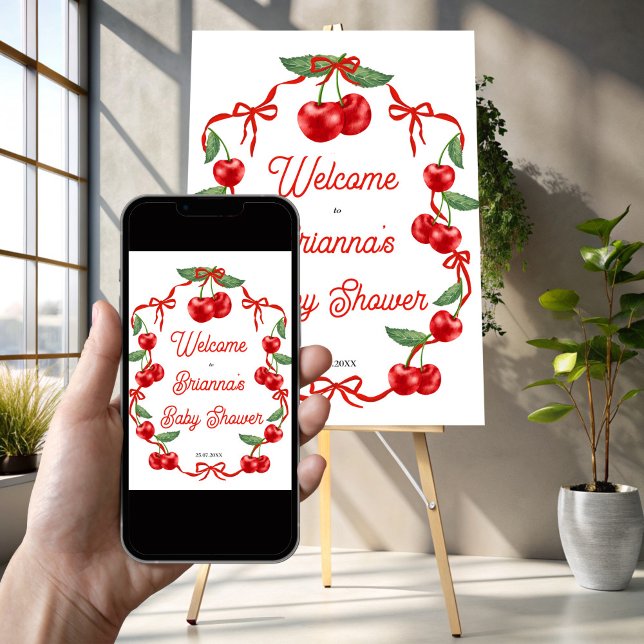 Poster Cerise sur le haut ruban baby shower signe d'accue (Cherry on top red ribbon coquette cherry baby shower welcome sign poster template instant download)