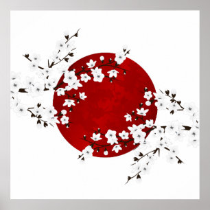 Poster Cerisier Blossom Levant Soleil Rouge Blanc