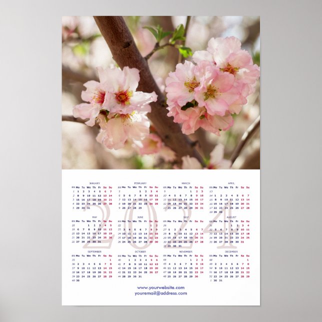Poster Cerisier en fleurs Calendrier 2024 avec vacances (Devant)