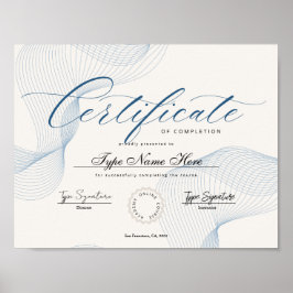 Poster Certificat bleu d'achèvement, réalisation, excel