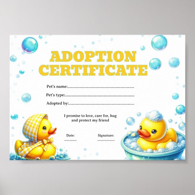 Poster Certificat d'adoption de canard modifiable  (Devant)