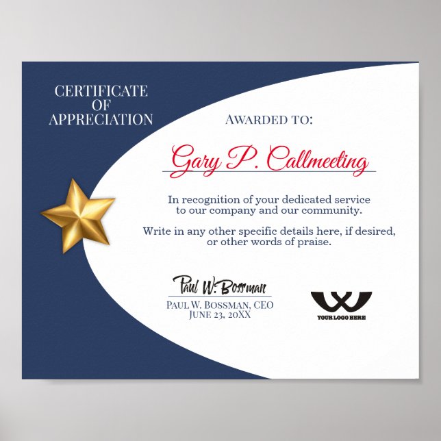 Poster Certificat d'appréciation employé bénévole (Devant)