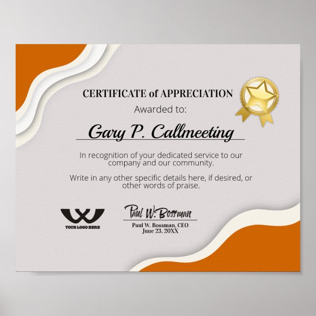 Poster Certificat d'appréciation employé bénévole (Devant)