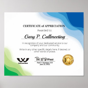 Poster Certificat d'appréciation personnel bénévole