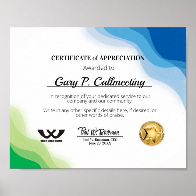 Poster Certificat d'appréciation personnel bénévole (Devant)