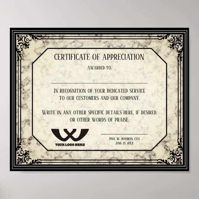 Poster Certificat d'appréciation prix du personnel employ (Devant)