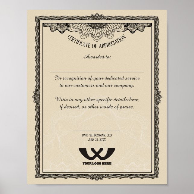 Poster Certificat d'appréciation prix du personnel employ (Devant)