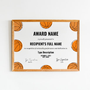 Poster Certificat d'attribution de basket-ball, prix mvp