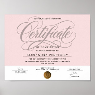 Poster Certificat de Beauté Professionnel Rose Blush Chic