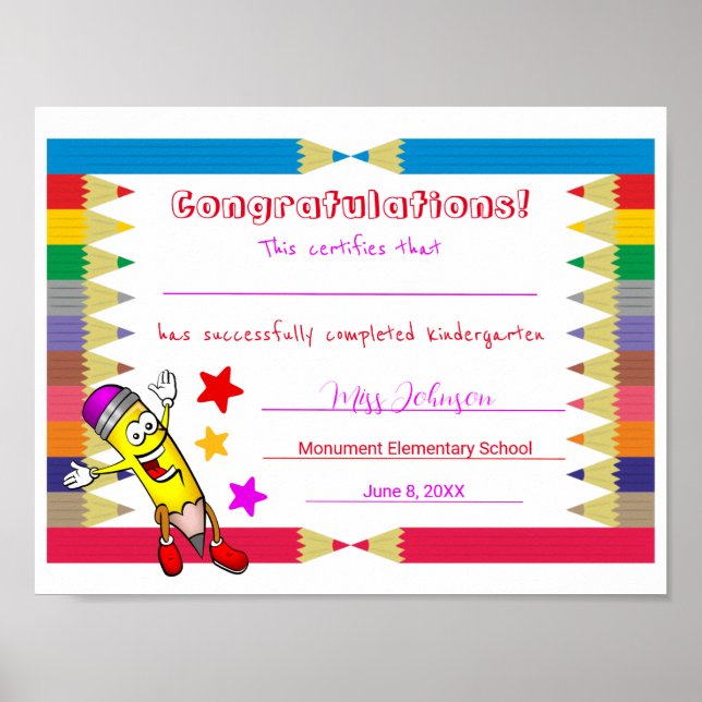 Poster Certificat de fin d'études de maternelle mignonne  (Devant)