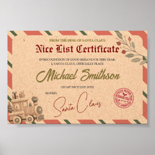 Poster Certificat de la liste des gentils du Père Noël