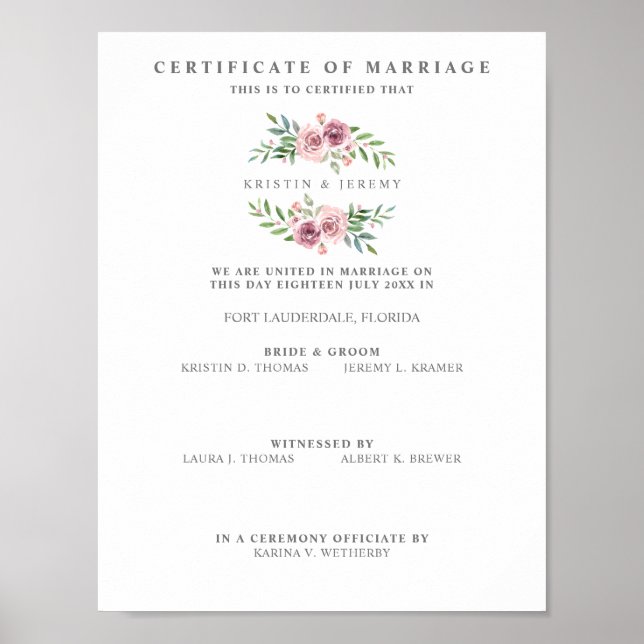 Poster Certificat de mariage avec couronne de fleurs rose (Devant)