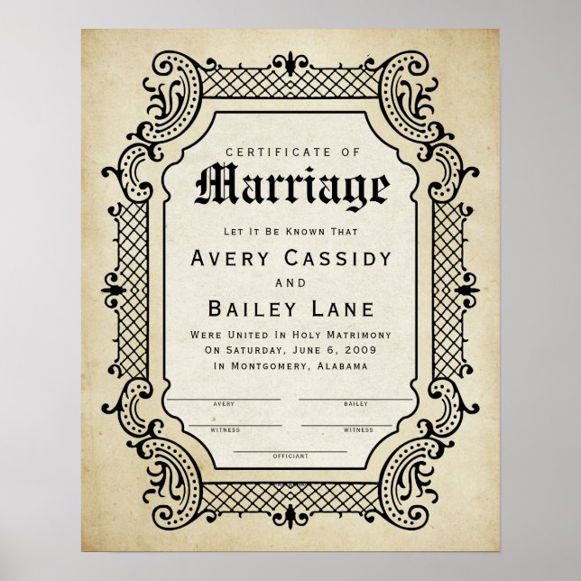 Poster Certificat de Mariage de cadre de bordure Trellis  (Devant)