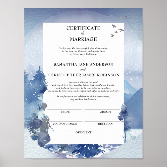Poster Certificat de mariage de pin bleu rustique (Devant)